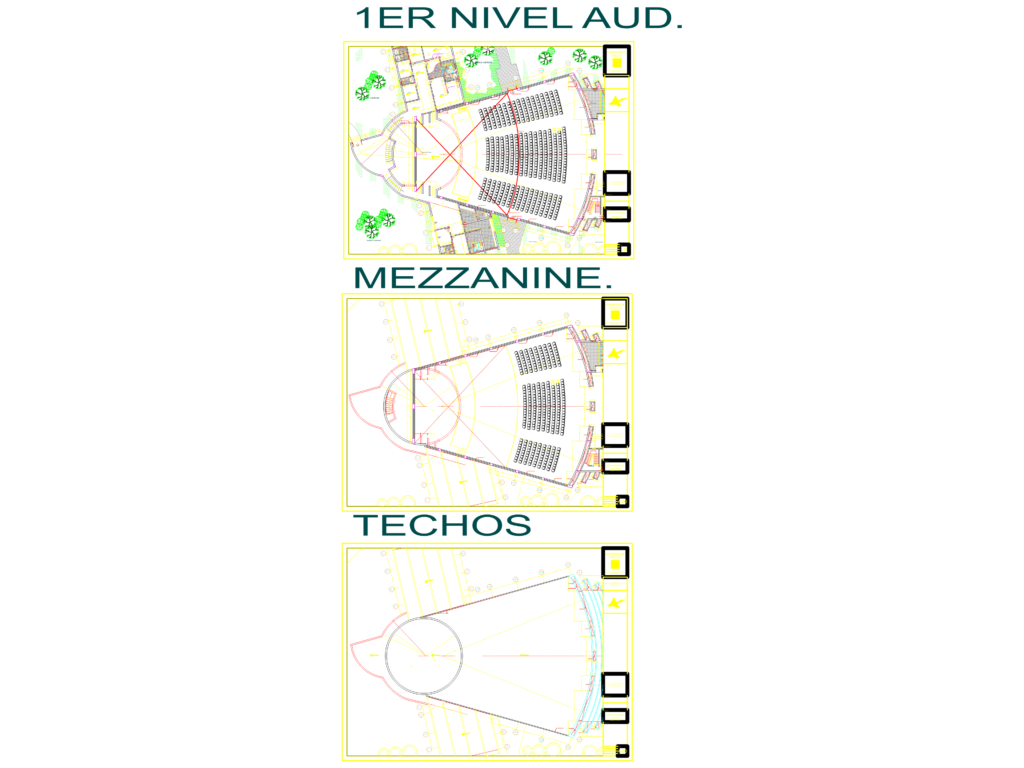 Architectural floor plans for an auditorium showing seating arrangements, mezzanine level, and roof layout.