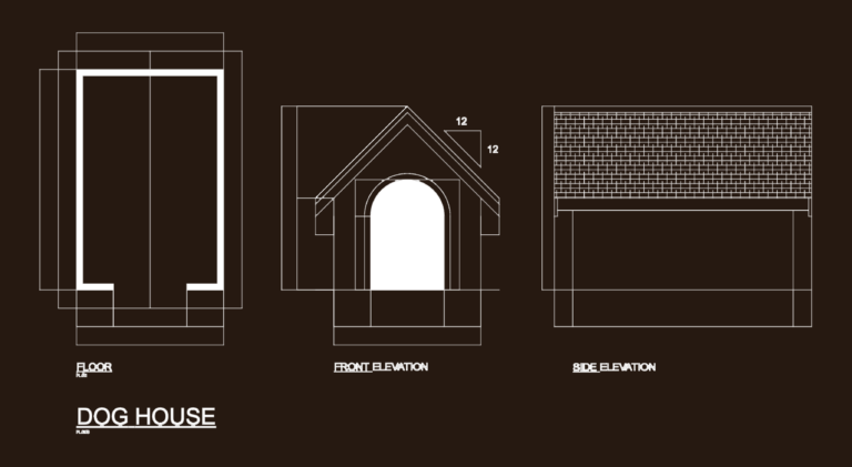 Technical drawing showing the floor plan, front elevation, and side elevation of a dog house with a 12:12 pitch roof.