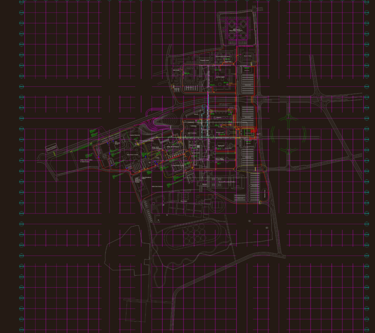 Detailed infrastructure plan for an educational campus including 132kV electrical lines and road networks.