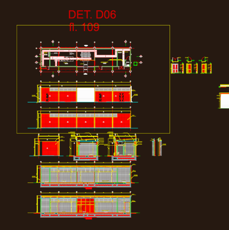CAD drawing of an electrical substation showing floor plan, external elevations, and longitudinal sections.