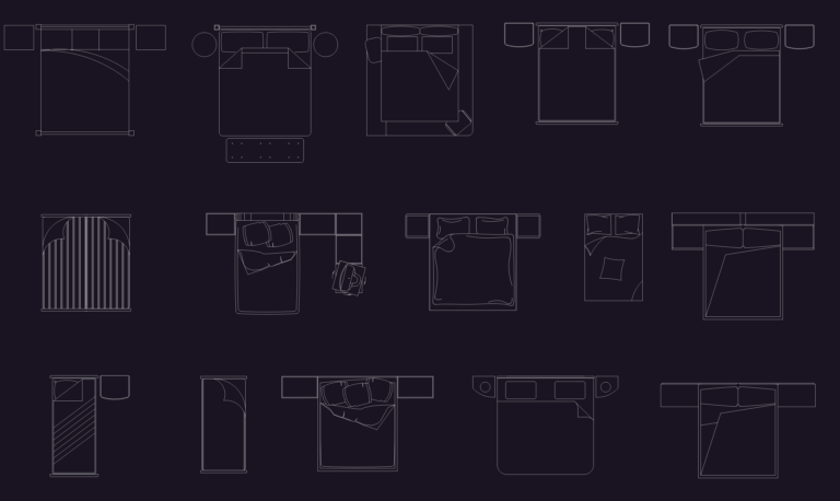 Top view drawings of various beds with pillows, blankets and nightstands.