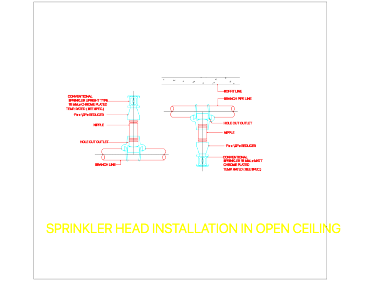 CAD diagram showing upright sprinkler head installation details for open ceiling fire protection systems.