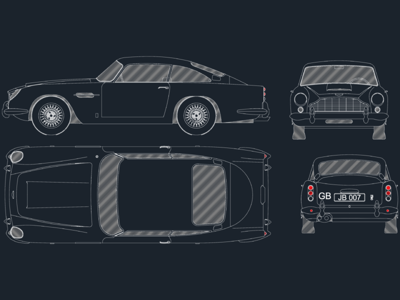 1963 Aston Martin DB5 Sports Car CAD Block With Four Views And Interior Details