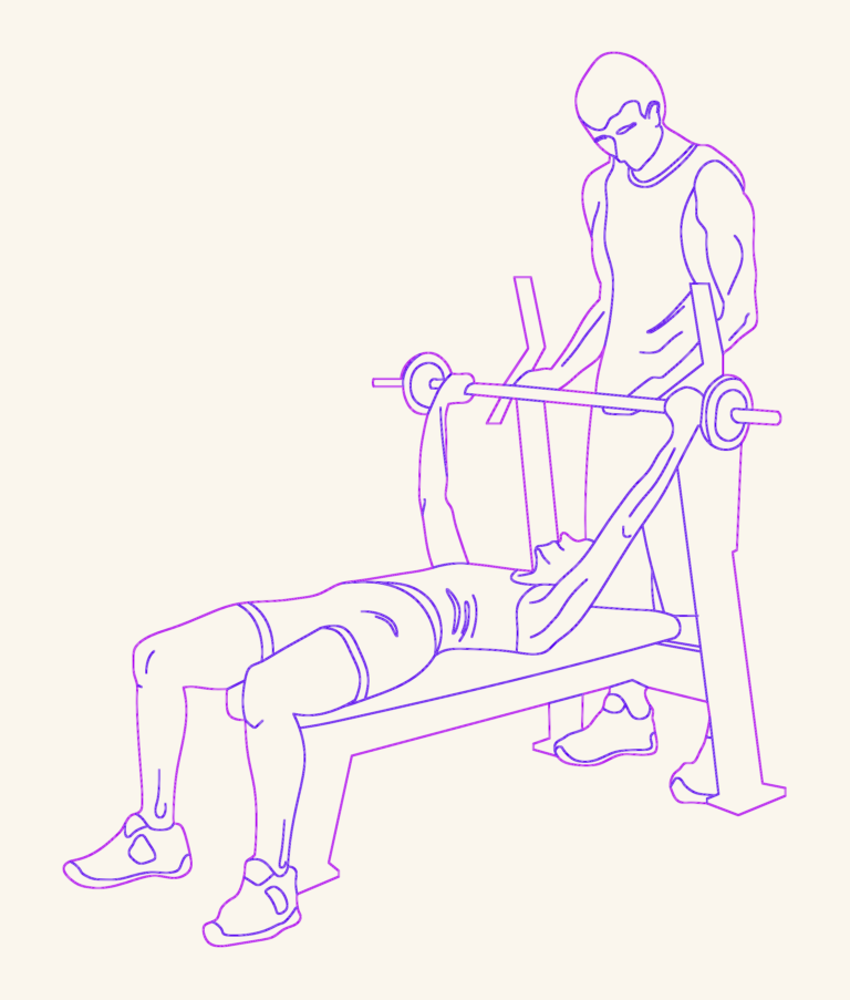 Silhouette drawing of two people at a gym bench press station, one lifting and one spotting.