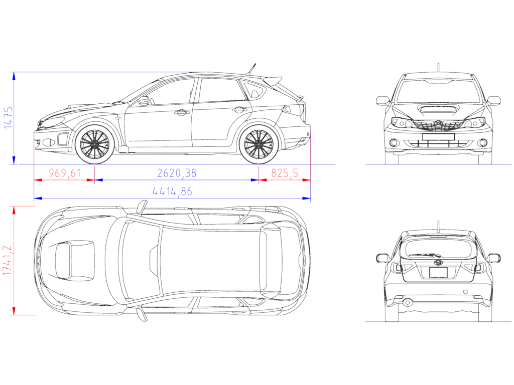 2D drawings of a 2007 Subaru Impreza hatchback from side, front, rear, and top perspectives.