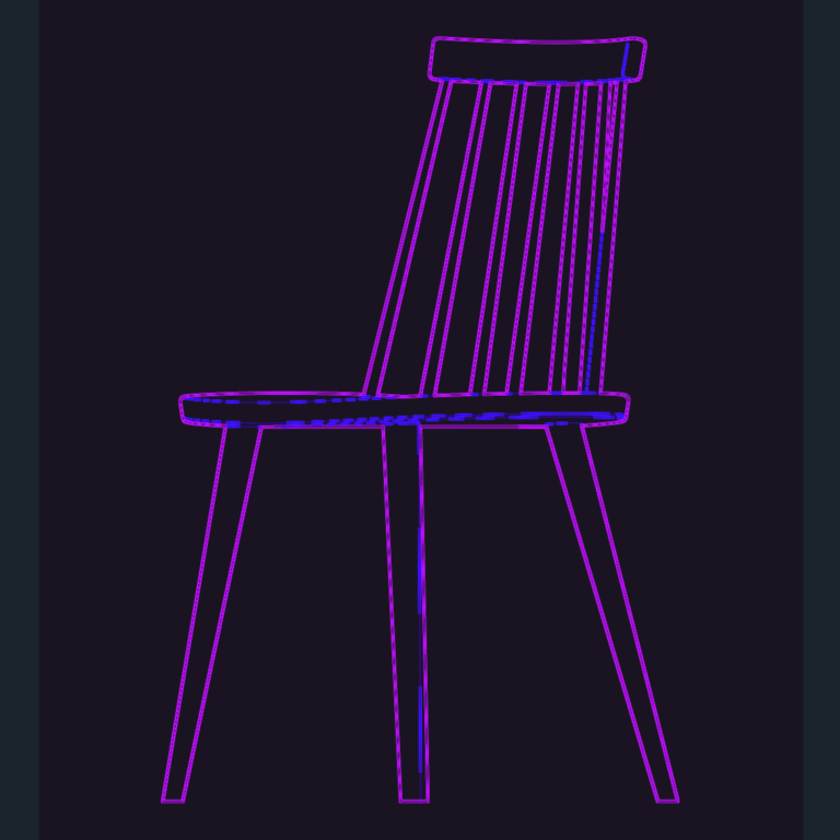 Side view CAD drawing of a Pinnockio Windsor chair with spindle back and tapered legs.
