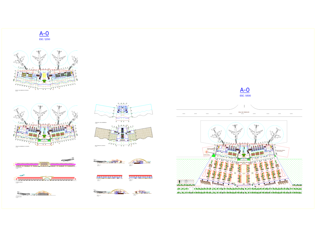 Architectural drawings for an international airport including terminal floor plans, building sections, and elevations.