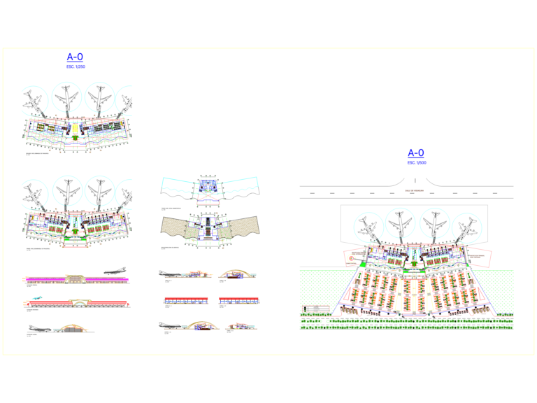 Architectural drawings for an international airport including terminal floor plans, building sections, and elevations.