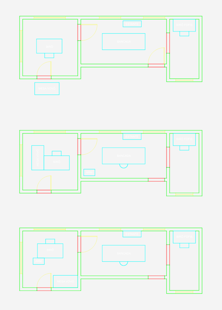 Three 2D floor plan variations for a small rectangular building with furniture labels in Portuguese.