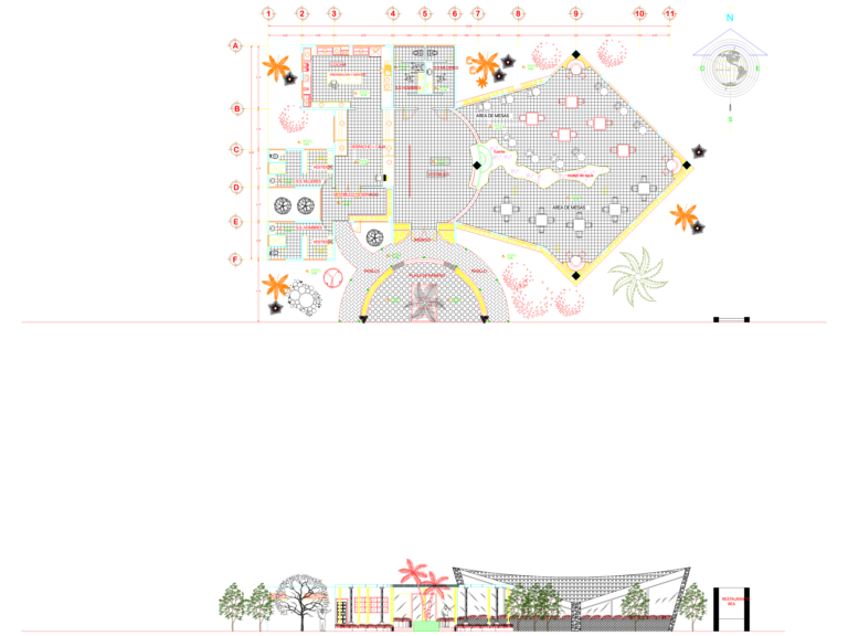 Floor plan and main elevation of a fast food restaurant including kitchen equipment details and seating layout.