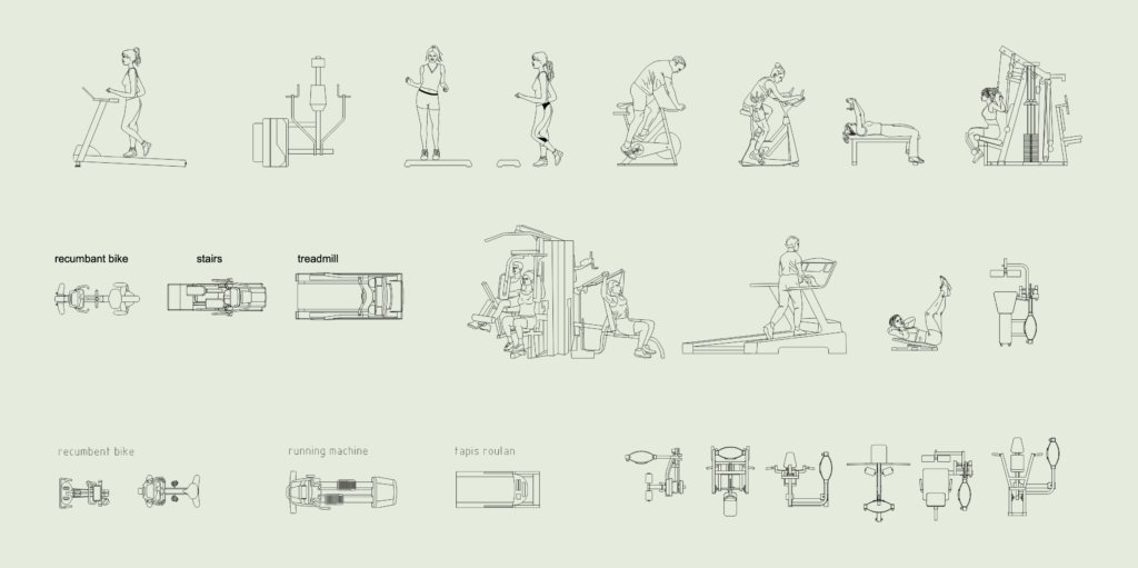 2D CAD elevations and plan views of various gym machines like treadmills and exercise bikes with people working out.