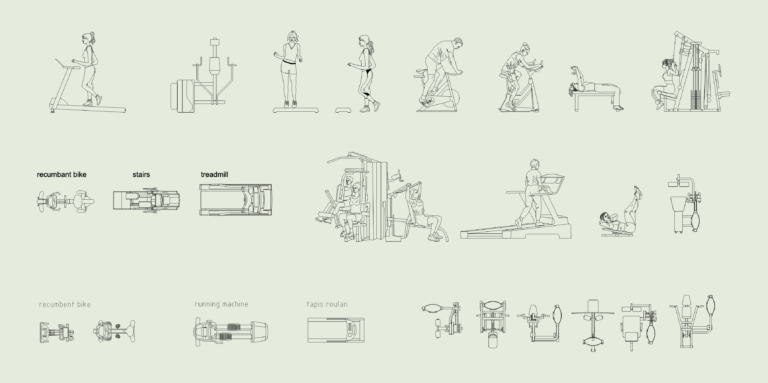 2D CAD elevations and plan views of various gym machines like treadmills and exercise bikes with people working out.