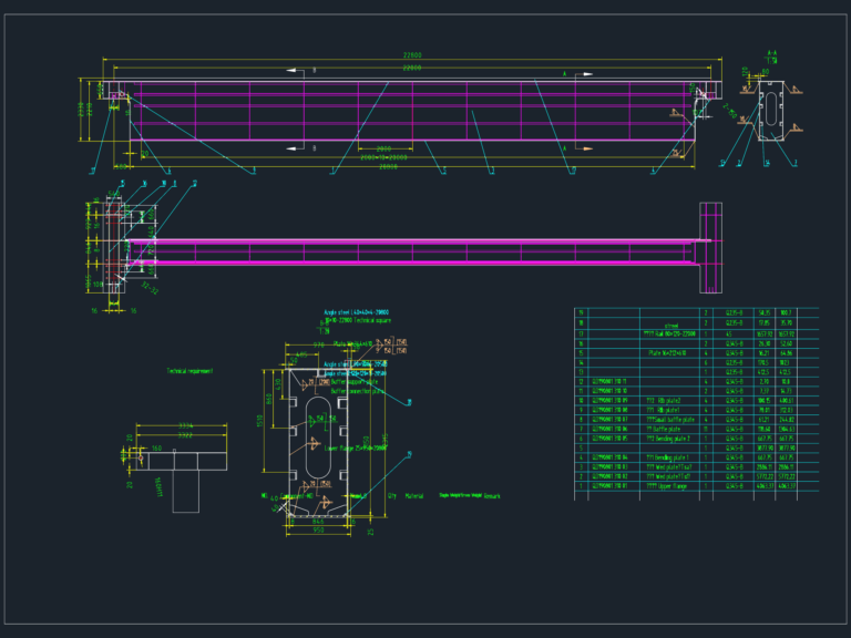 Section views of a steel girder assembly with callouts for flanges, web plates, and a bill of materials.