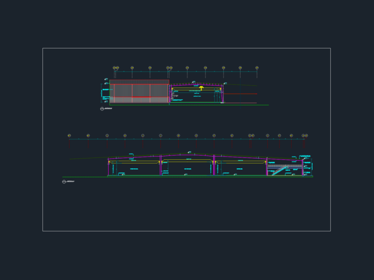CAD section of a steel factory showing 10 ton overhead crane and roof cladding details.