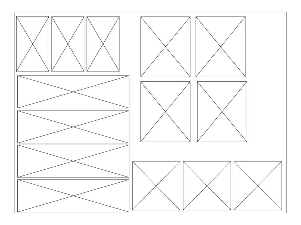 Plan view of various sized rectangular countertop and tabletop CAD blocks with diagonal cross markings.