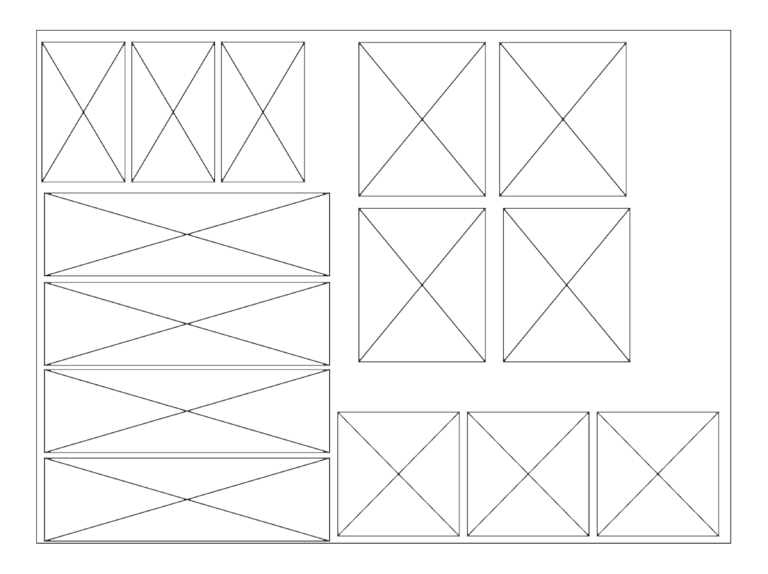 Plan view of various sized rectangular countertop and tabletop CAD blocks with diagonal cross markings.