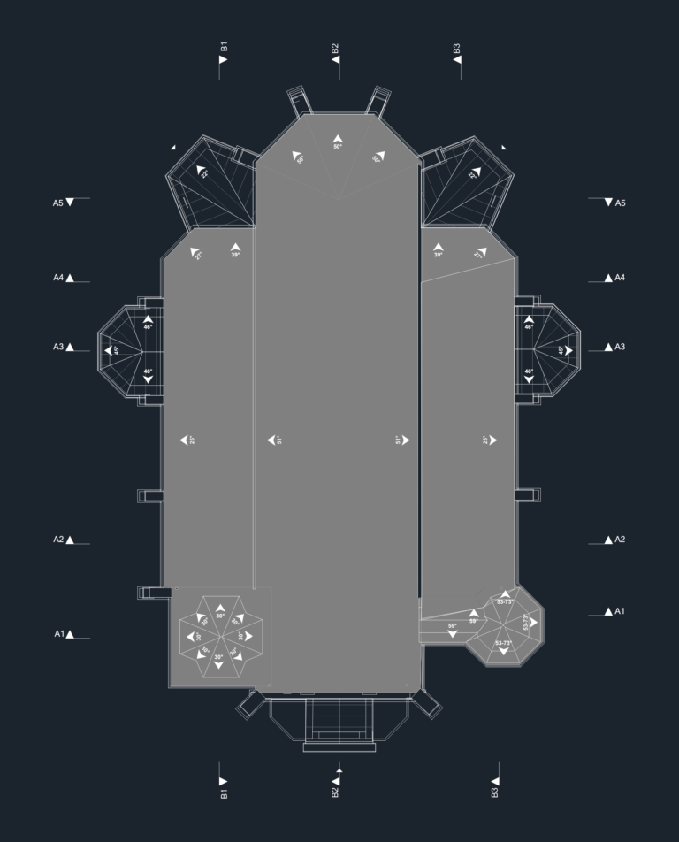 Top down view of a complex architectural roof plan with various pitch angles and section line markers.