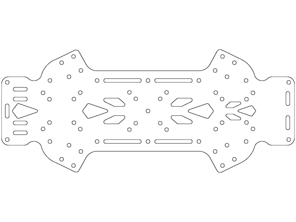 Top view outline of a symmetrical RC car chassis plate with mounting holes and hexagonal cutouts.
