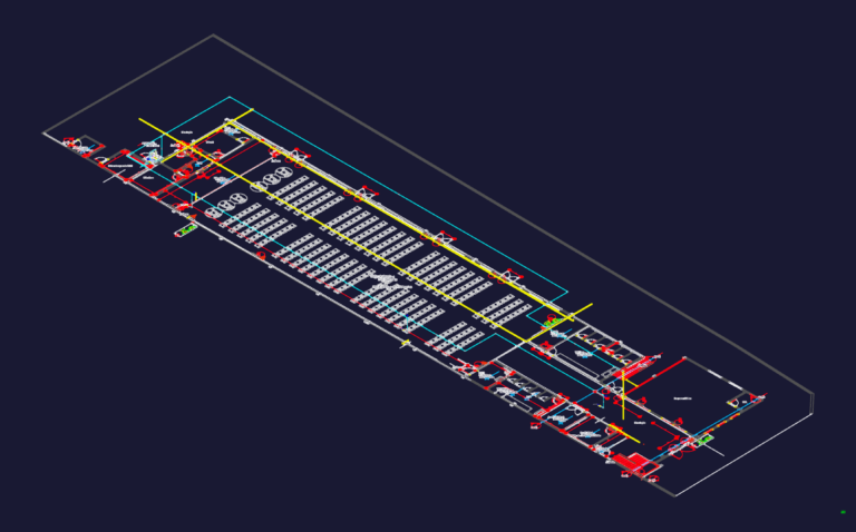 Floor plan of a church assembly hall showing seating layout and fire hydrant system piping with pump details.