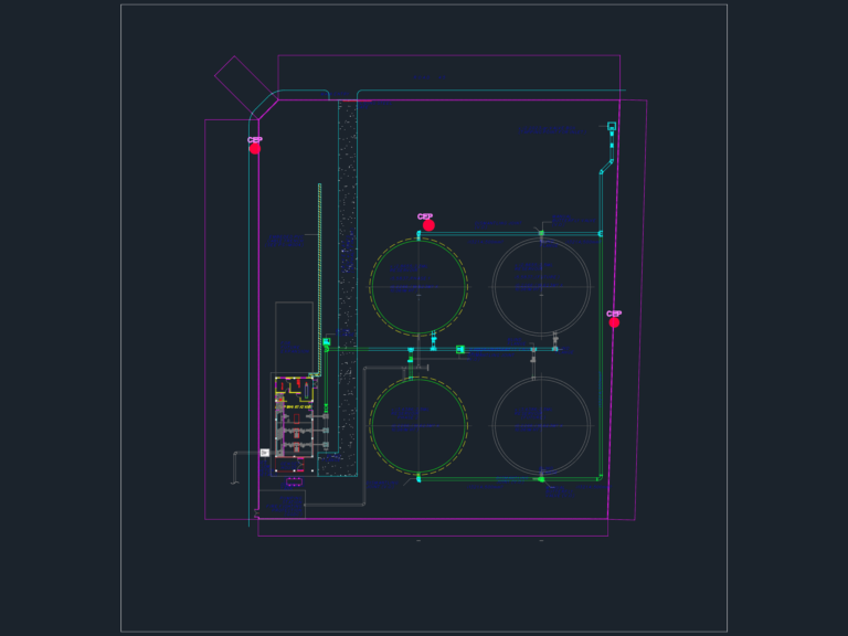 Technical site development plan for a water reservoir facility with four large tanks and piping infrastructure.
