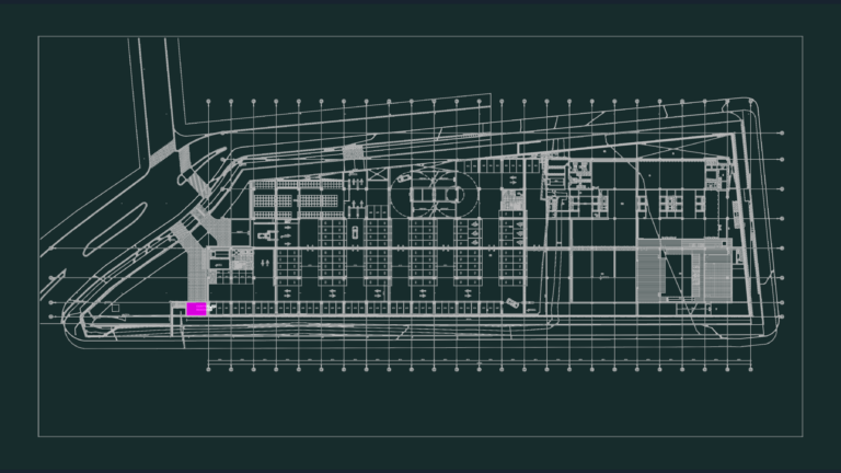 Large architectural floor plan showing a waste management center and extensive parking stalls with vehicle ramps.
