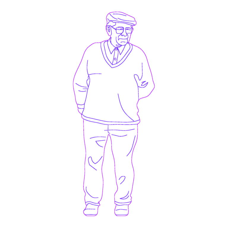 2D CAD elevation of an elderly man with a cap and glasses standing.