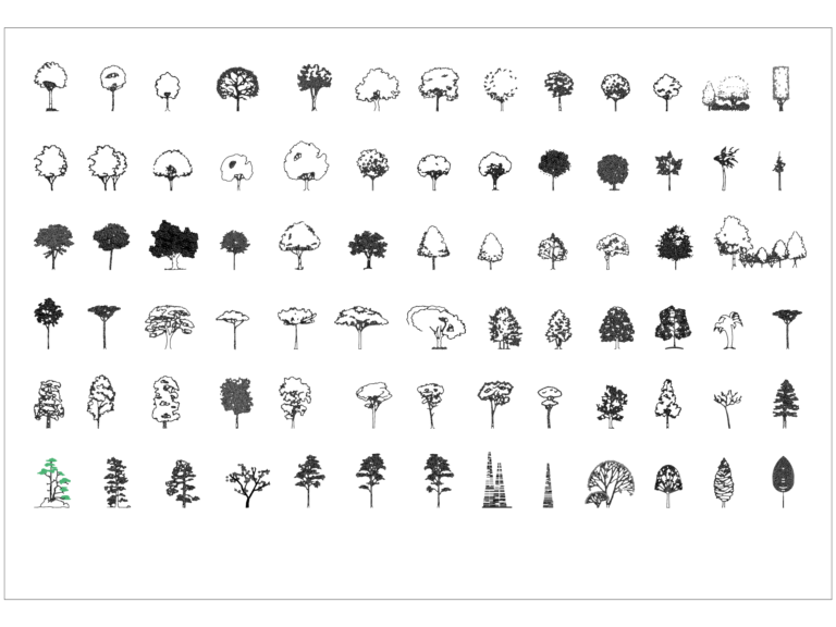 A collection of 77 tree elevation CAD blocks in a grid layout for architectural landscape drawings.