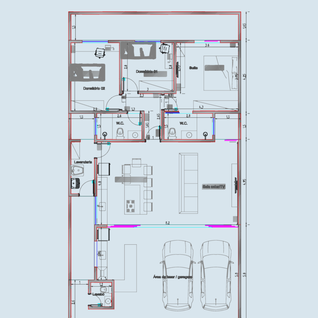 CAD floor plan, roof plan and building sections for a three-bedroom residential house with a garage.