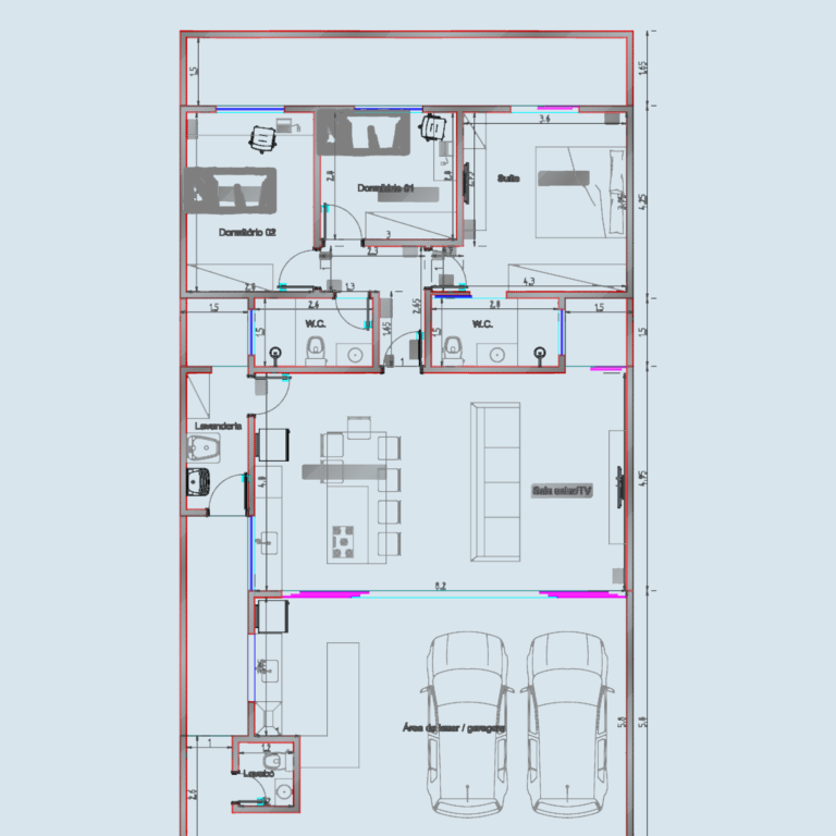CAD floor plan, roof plan and building sections for a three-bedroom residential house with a garage.