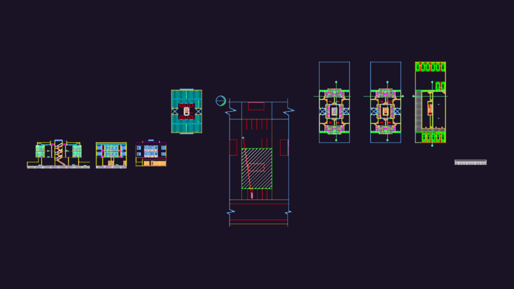 Technical CAD drawing for a 3-story mixed-use building featuring floor plans, elevations, sections, and septic system.
