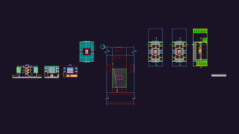 Technical CAD drawing for a 3-story mixed-use building featuring floor plans, elevations, sections, and septic system.