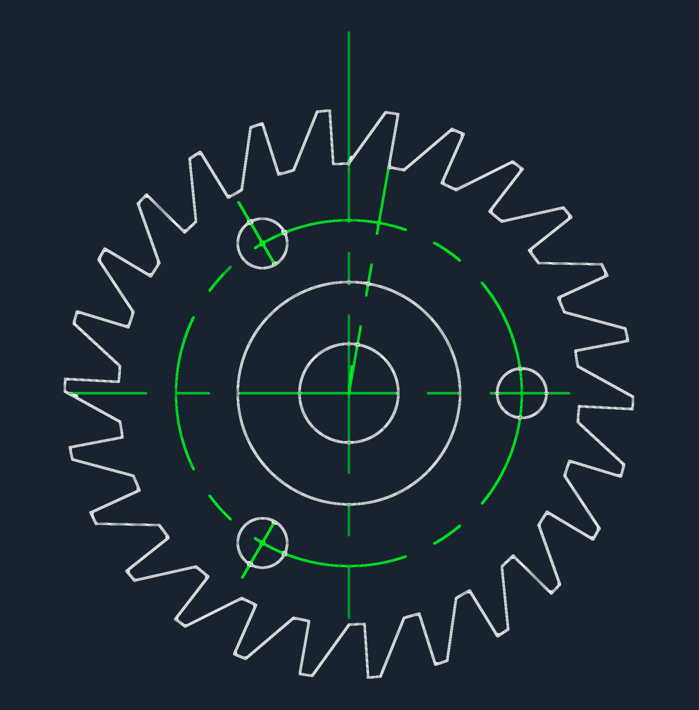 2D profile drawing of a mechanical gear with 30 teeth and center markings.