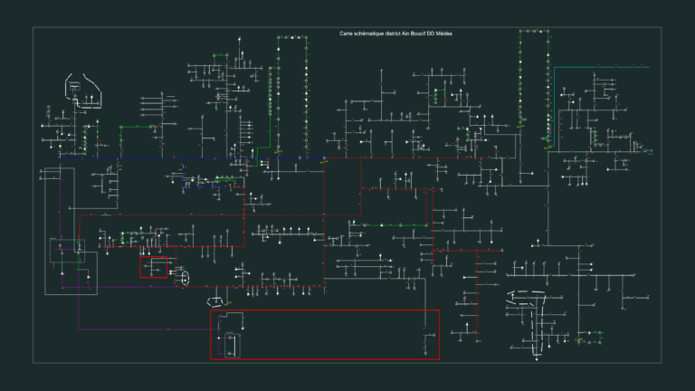 Large scale 2D CAD schematic of a 30kV medium voltage electrical distribution network with nodes and substations.