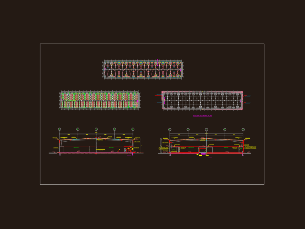 Technical CAD layout of a warehouse lighting, power, and cable tray feeder network with building sections.