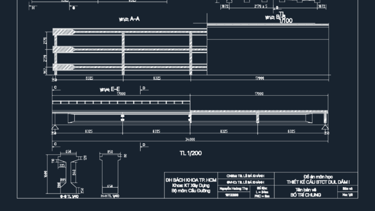 Technical drawing showing the general layout, elevations, and sections of a 34m concrete I-beam bridge.