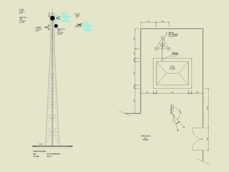 Elevation view of 36m lattice telecom tower and site layout plan showing antenna positions and station building.