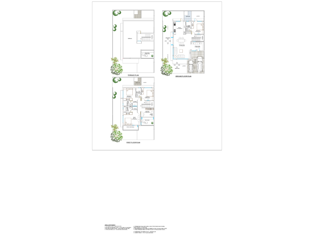 Floor plans for a small villa featuring ground floor, first floor, and terrace layouts with garden and driveway.