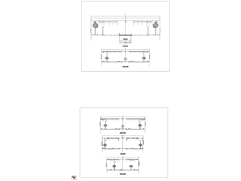 Detailed road cross sections for an urban subdivision showing various right-of-way widths from 25m to 54m.