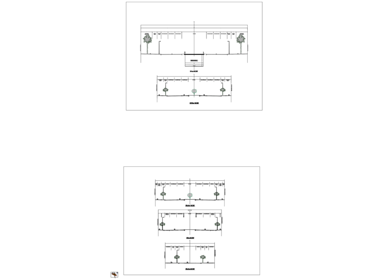 Detailed road cross sections for an urban subdivision showing various right-of-way widths from 25m to 54m.