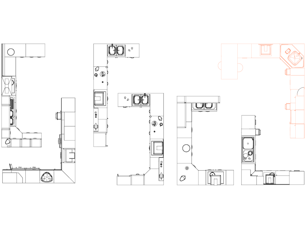 CAD plan view showing modular kitchen layouts with sinks and cooktops in various configurations.