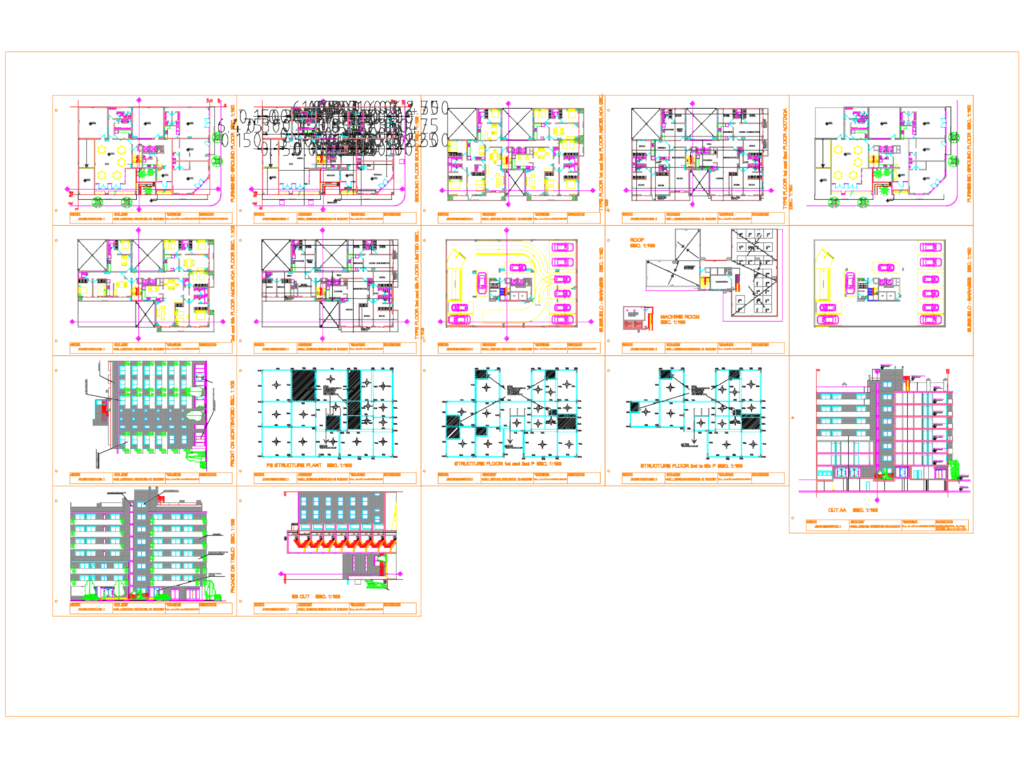 CAD sheet showing 7-story apartment building floor plans, sections, elevations, and structural layouts.
