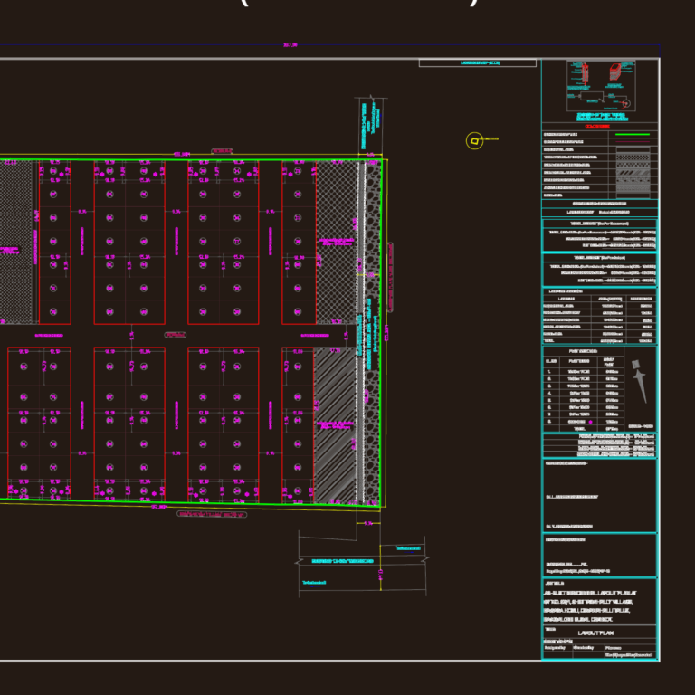 CAD layout plan showing 87 residential plots, road network, and rainwater harvesting detail sections.