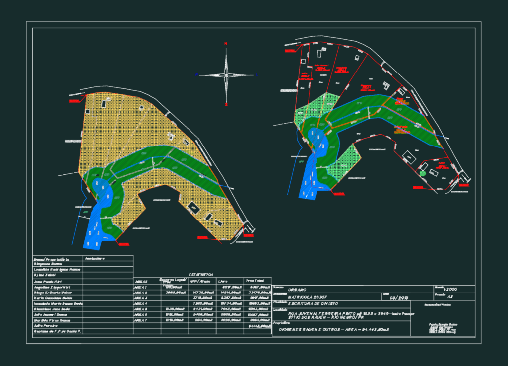 Land subdivision plan showing colored lot divisions, topographic coordinates, and a detailed area calculation table.