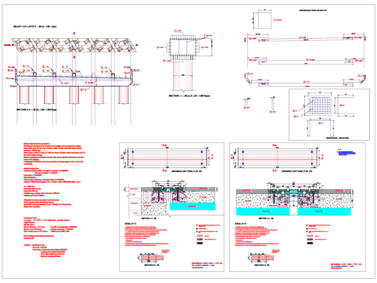 Technical drawing of bridge bent cap reinforcement with AASHTO Type IV girder sections and expansion joint details.