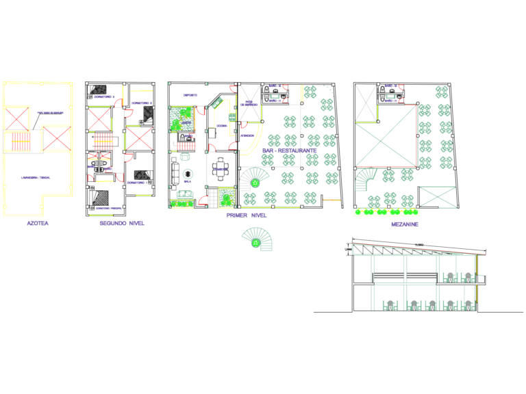 CAD floor plans and elevation for a two-story bar and restaurant building with mezzanine and outdoor patio.