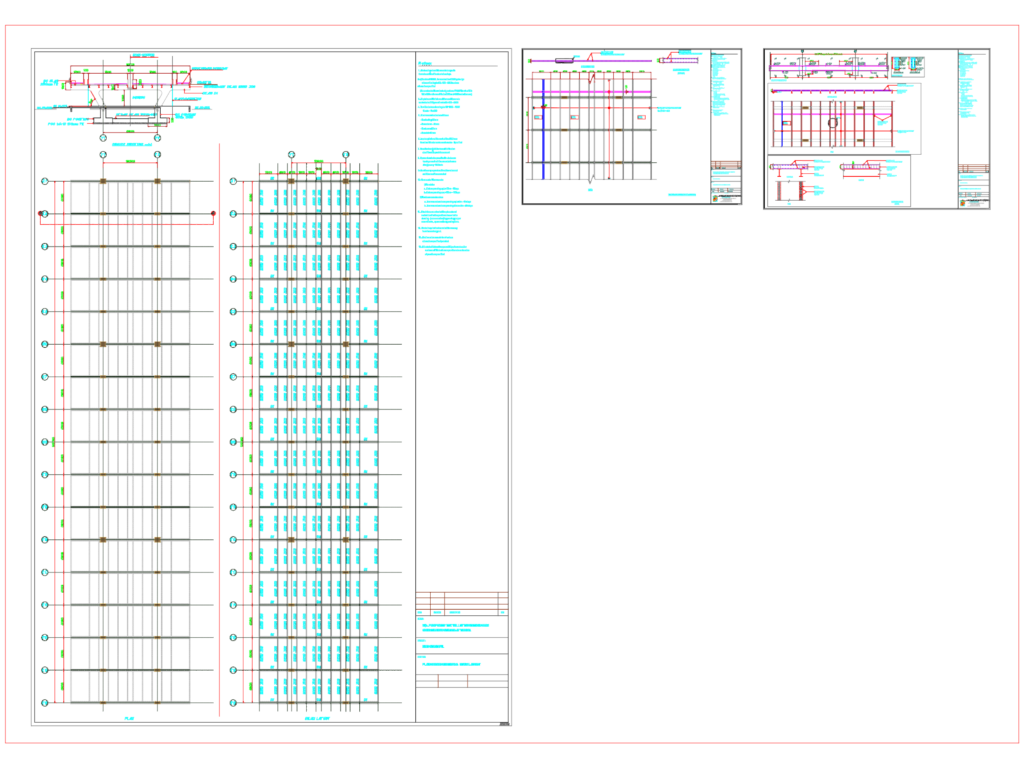 Structural drawing of bridge roof showing beam layout, cross sections, and RC slab reinforcement details.