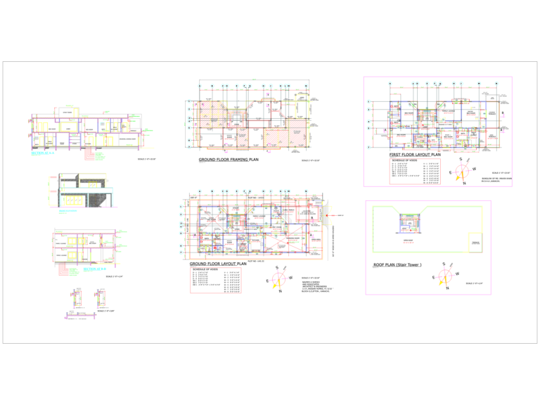 Architectural drawing set showing framing plans, floor layouts, and sections for a two-story bungalow.