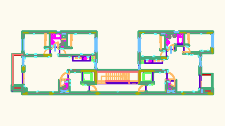 Architectural floor plan for two apartment units featuring stairs, elevator, and interior room divisions.