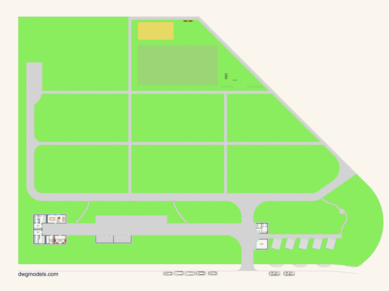Layout of a campground featuring buildings, parking plots, and a playground area.