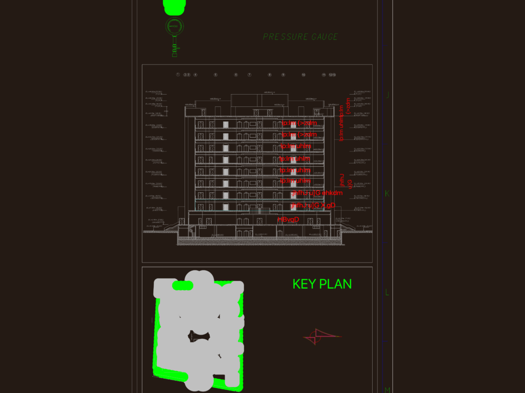 Chilled water pump room plan and sections showing pump connections, air separator, and expansion tank details.